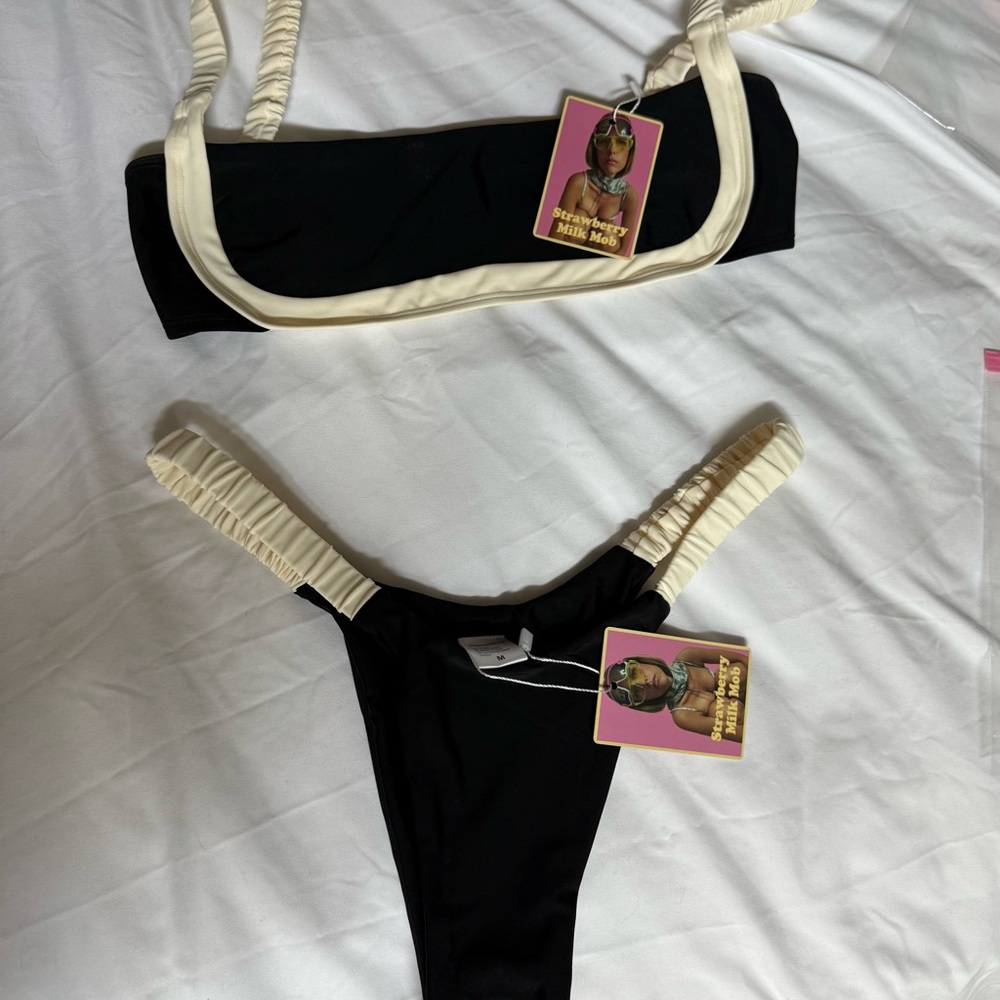 Strawberry Milk Mob Black and Cream Bikini Set